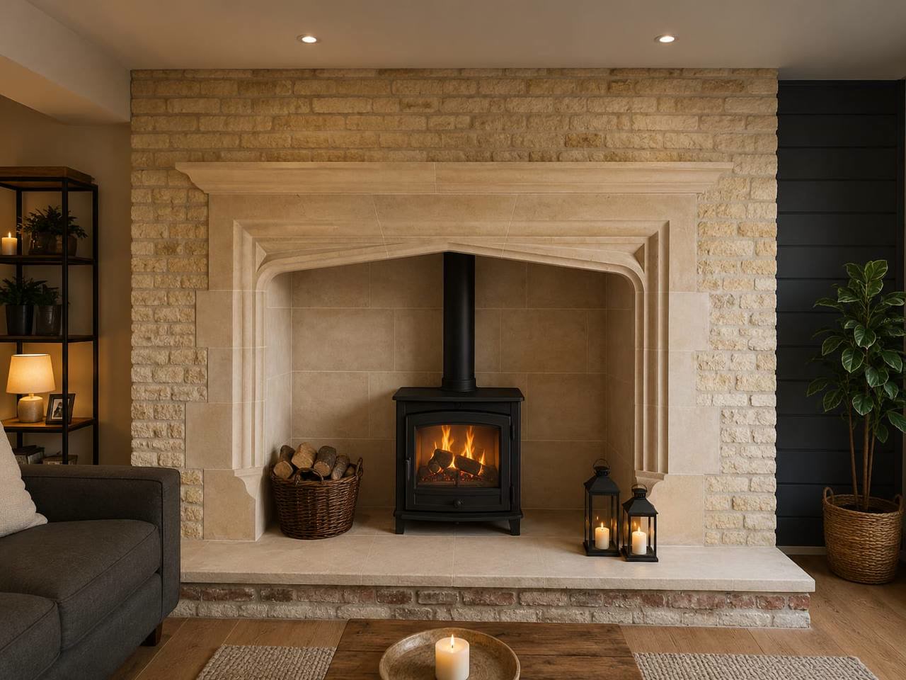 Hand-carved limestone fireplace with a four-centred arched opening, moulded jambs and stone hearth, fitted with a lit wood-burning stove in a finished living room