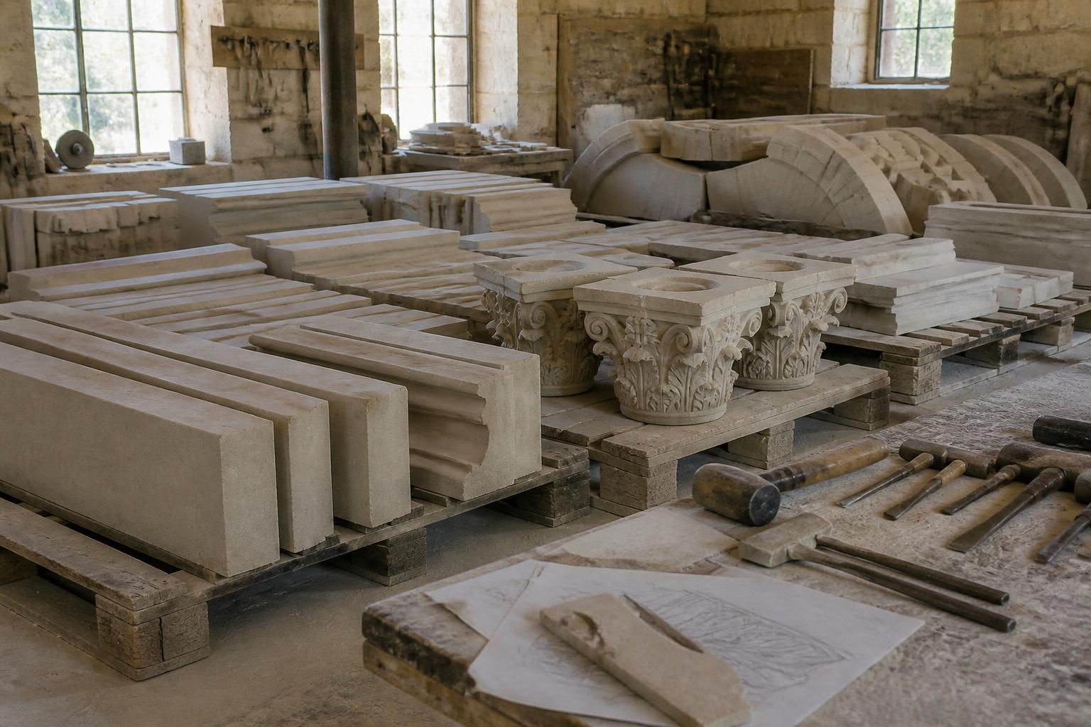Workshop pallets of hand-worked limestone components — mullions, moulded copings, arch voussoirs and carved capitals — beside mason's mallets and chisels