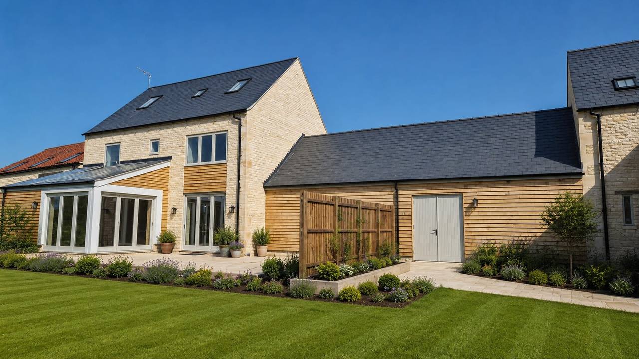 Completed Barrowden new-build home in cropped limestone with timber cladding, slate roofs and landscaped lawns under a clear blue sky.