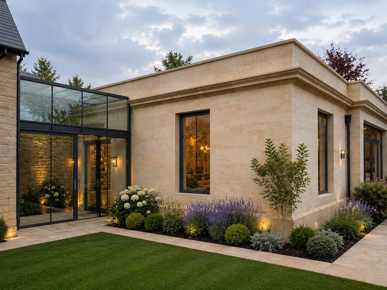 Luxury ashlar stone orangery at Easton-on-the-Hill at dusk, with moulded stone string course, dark framed windows and a glazed link to the original stone house.