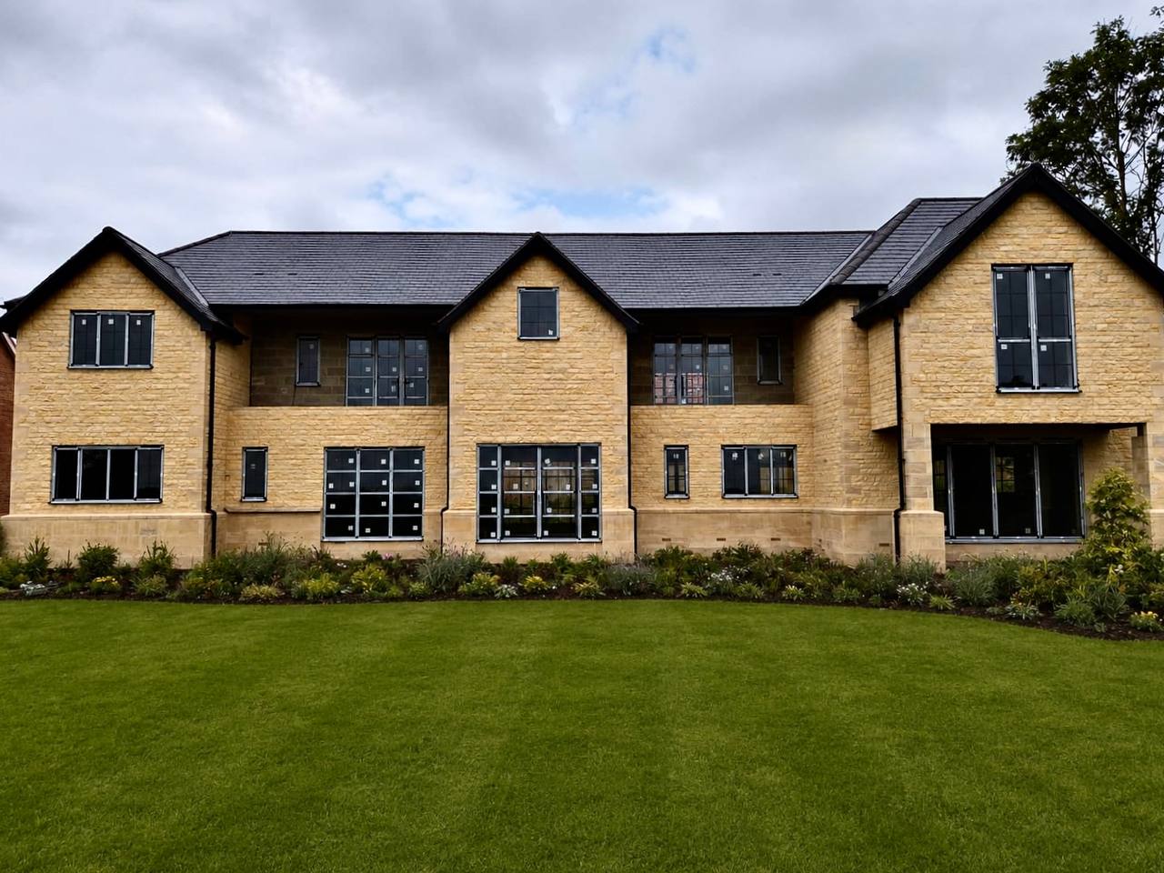 Front elevation of the Flawborough new-build residence, a large symmetrical golden limestone house with dressed coursed stonework and a manicured lawn.