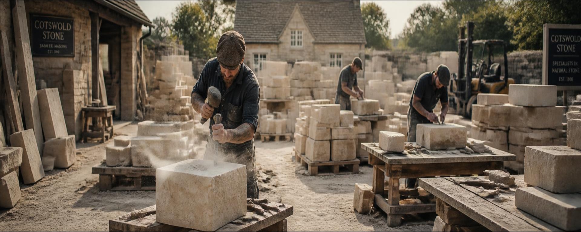 Banker masons hand-carving limestone blocks with mallet and chisel in a stone yard, surrounded by stacked cut stone