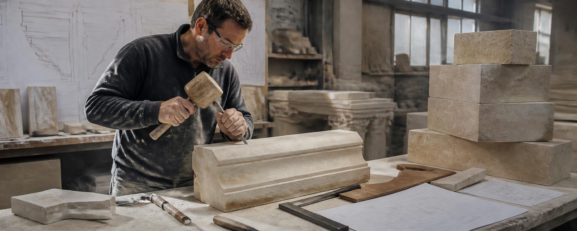 Banker mason hand-carving a moulded limestone cornice with mallet and chisel at the workshop banker bench, surrounded by cut stone and setting-out drawings