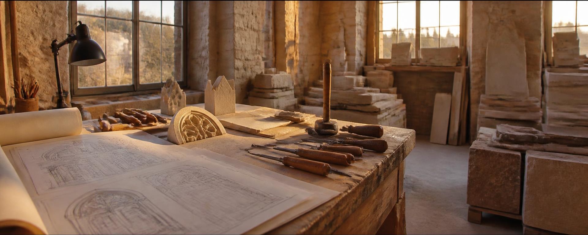 Stonemason's workbench at golden hour with setting-out drawings, carved limestone templates and hand tools in a stone workshop