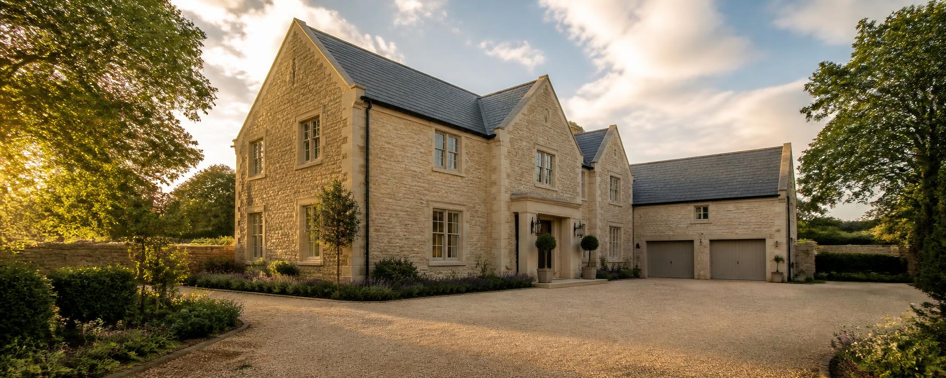 Newly built country house faced in coursed natural limestone with ashlar quoins and dressed window surrounds under a slate roof