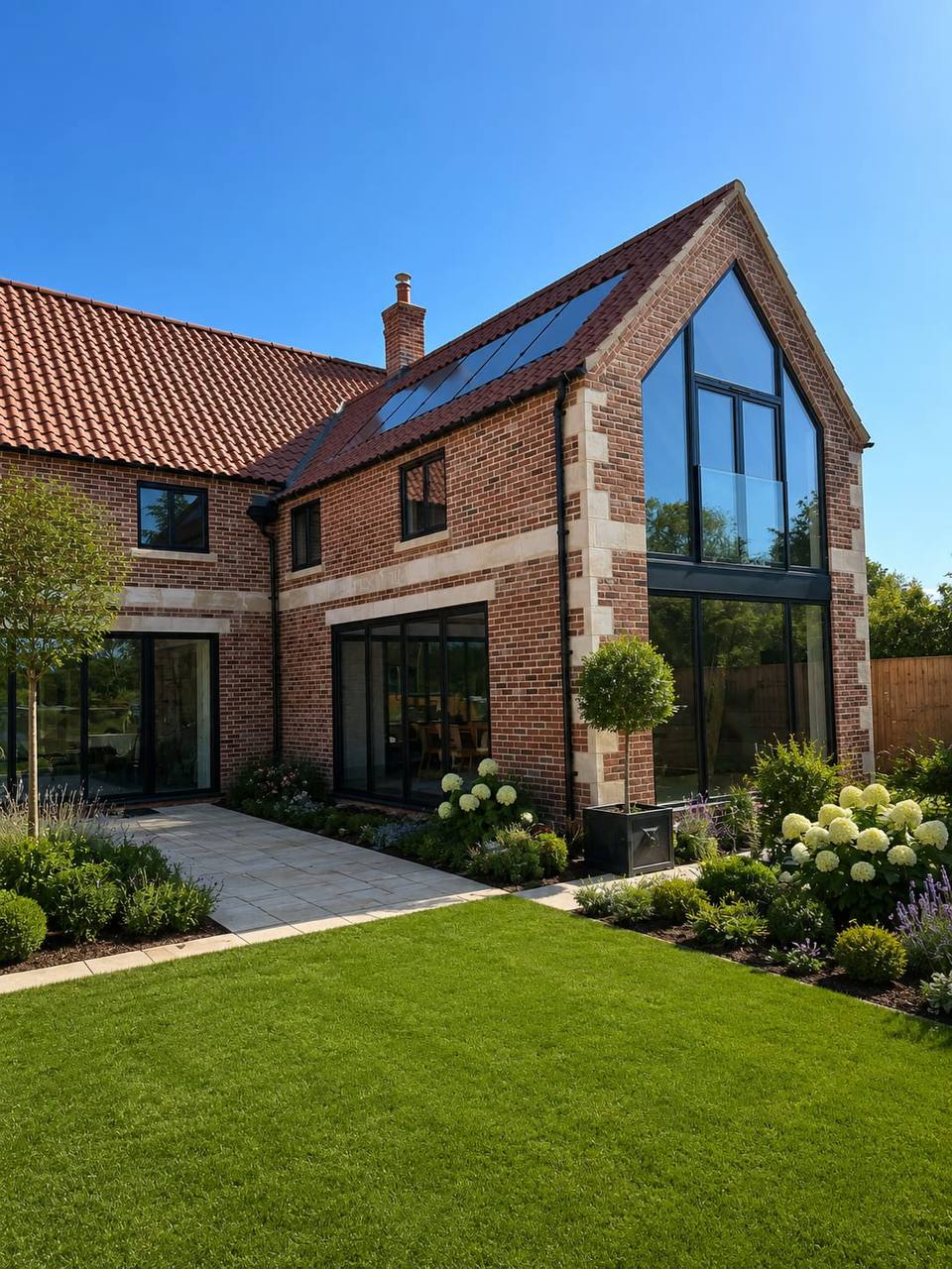 Finished brick and stone house with a full-height glazed gable, dressed stone quoins and window surrounds under a clay pantile roof