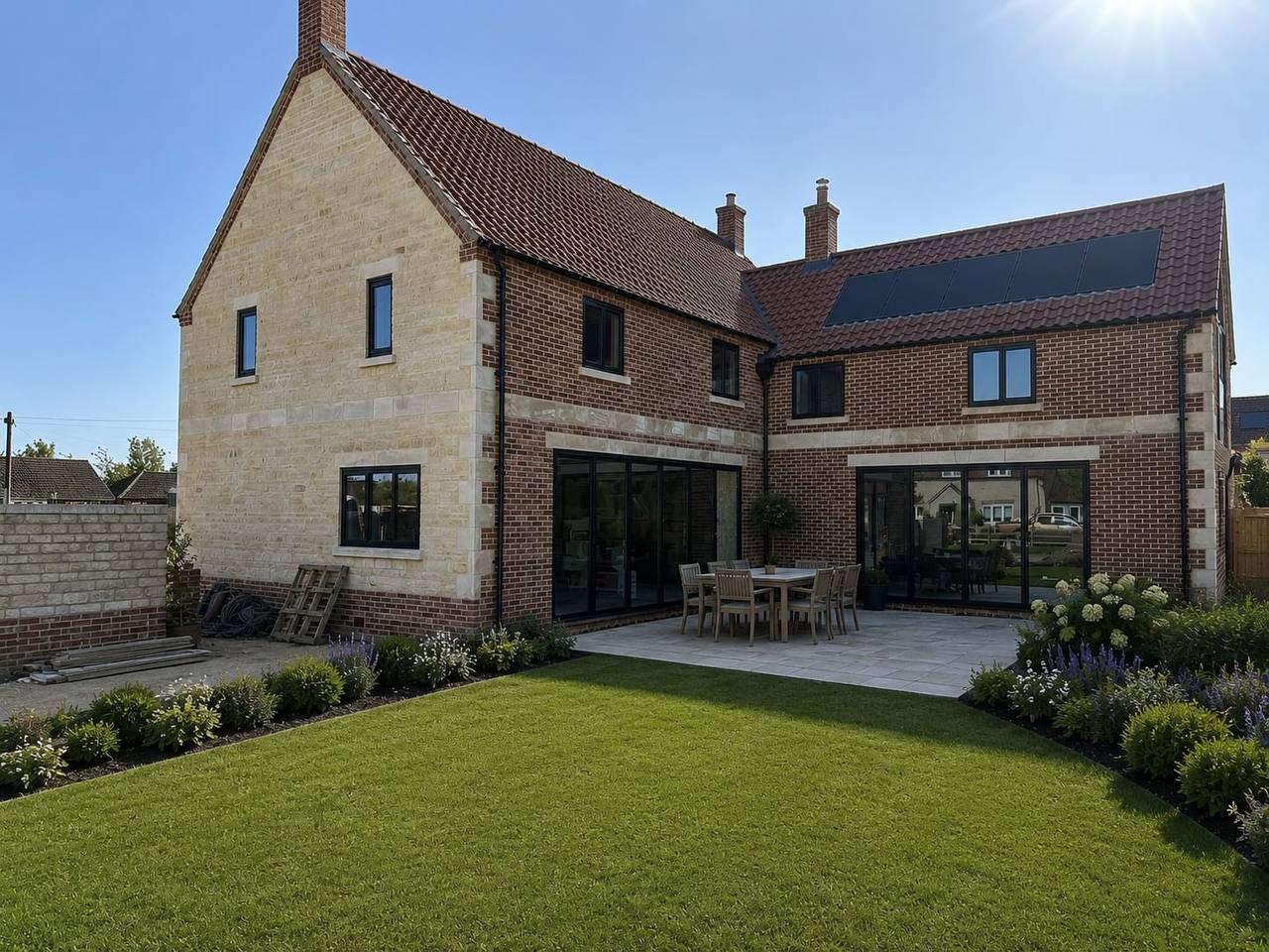 Rear garden elevation of the Scopwick luxury new build, showing a blend of red facing brickwork and natural limestone ashlar quoins beneath a clay-tiled roof with solar panels.
